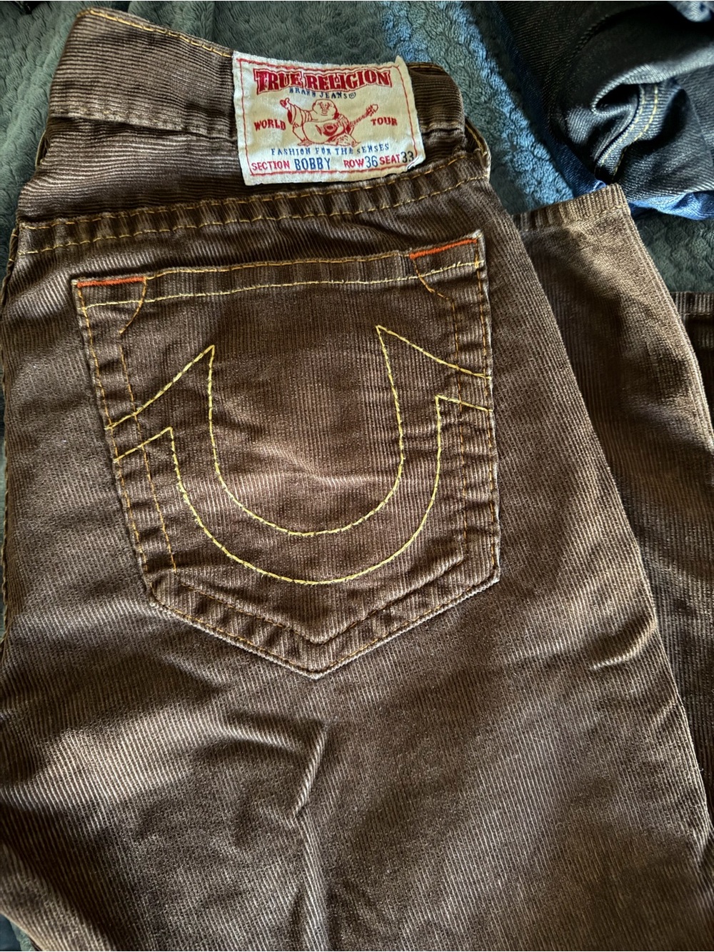 True Religion Men's Brown Corduroy Jeans with Contrast Stitching